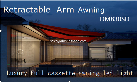 Outdoor Sunshade Retractable Awning With Motor Control And LED Lights / Full Cassette Awning